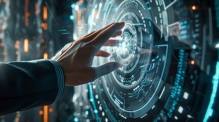 holographic interface, giving an impression of futuristic technology or virtual reality. The person's fingers are touching one of the bright lines on the interface. Generative ai