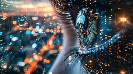 Poster - A close up of a woman's eye with a city in the background. The eye is surrounded by a blurry cityscape, giving the impression of a futuristic, high-tech world. The eye is the focal point of the image