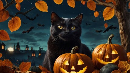Wall Mural - Photorealistic Halloween banner featuring a mischievous black cat perched atop a pile of jack-o'-lanterns, illuminated by moonlight.
