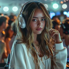 Poster - A young female DJ performing at a lively party. The DJ has long, wavy brown hair and is wearing large, white headphones. Generative AI.