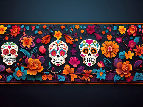 Day of the Dead banner. Dia de los muertos border.Day of the Dead and Mexican Halloween background. Mexican tradition festival. Day of the Dead Sugar Floral ornament. Doodle flowers design