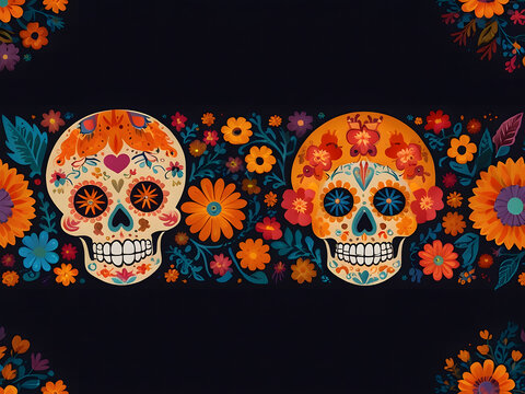 Day of the Dead banner. Dia de los muertos border.Day of the Dead and Mexican Halloween background. Mexican tradition festival. Day of the Dead Sugar Floral ornament. Doodle flowers design