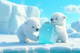 candid style , fluffy cute polar bear mama and her one cub pushing and dragging big ice cube to ice cliff, cute 3d animatic style 
