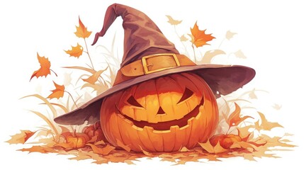 Wall Mural - An isolated Halloween pumpkin wearing a spiffy hat against a white backdrop