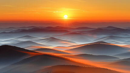 Wall Mural - A beautiful sunset over a mountain range with a large sun in the sky