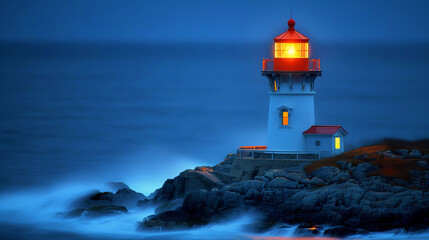 Poster - A lighthouse is on a rocky shoreline with the ocean in the background