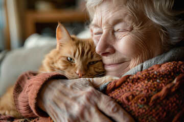 An elderly woman is holding a cat in her arms. The cat is orange and has a fluffy coat. The woman is happy and content as she holds the cat