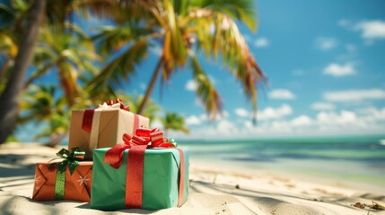Wall Mural - A high-definition photography of many green or red or white gifts stacked neatly on the sand of a tropical beach, viewed from a low angle