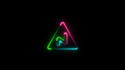 Wall Mural - Neon triangular road sign . Glowing curves road sign. Triangle warning road sign. Road warning sign.