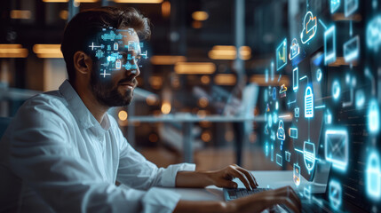 Fototapete - A handsome project manager works at a computer in an office. augmented reality social media icons appear on the employee's laptop. Internet of things, connectivity and online concept. Generative AI.