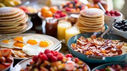 A view of a brunch spread, featuring a table filled with a colorful array of pancakes, bacon, eggs, and fresh fruit, perfect for a leisurely weekend meal.