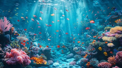 Detailed image of a colorful underwater scene with sunlight filtering through the water illuminating corals and fish