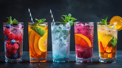 Wall Mural - A vibrant collection of refreshing summer cocktails with fruits, ice, and straws, perfect for a festive celebration or casual gathering.