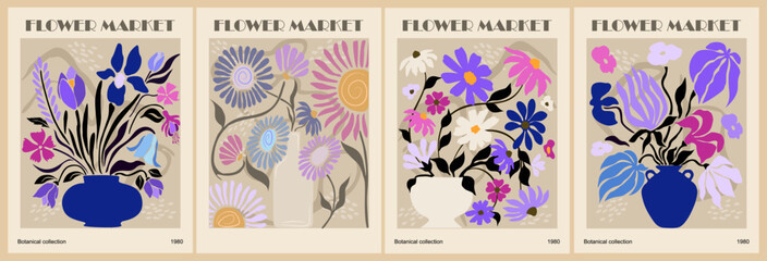 Wall Mural - Set of abstract Flower Market retro posters. Trendy botanical wall arts with floral design in purple blue colors. Modern naive groovy funky interior decorations, paintings. Vector art illustration.