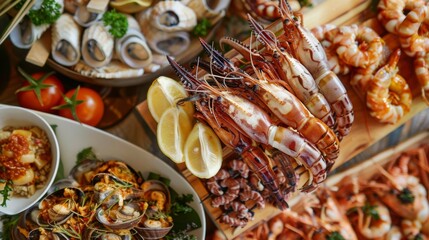 Wall Mural - A seafood buffet spread featuring an array of grilled squid dishes, offering diners a taste of coastal delicacies.