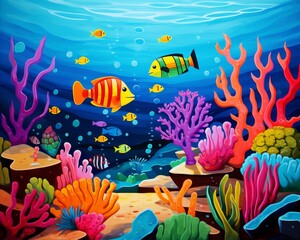 Wall Mural - A colorful underwater scene with a variety of fish and coral