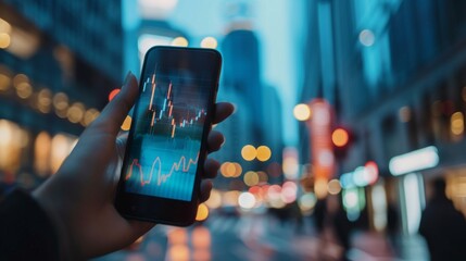 Wall Mural - A smartphone screen displaying a stock market graph with rising and falling trends, held by a businessperson.