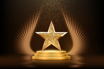 Wall Mural - Gold podium with star vector illustration. Abstract golden award platform with glowing rays, glitter confetti sparkle rain falling from above background for product presentation