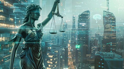 A visually striking VFX video still featuring a statue of a blindfolded woman holding the scales of justice, with a futuristic cityscape filled with holographic displays and legal interfaces in the ba