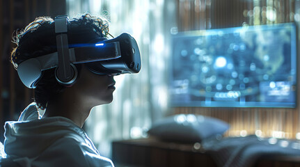 Poster - A man wear Virtual Reality depicting AR and VR devices, applications, and immersive experiences. Generative AI.