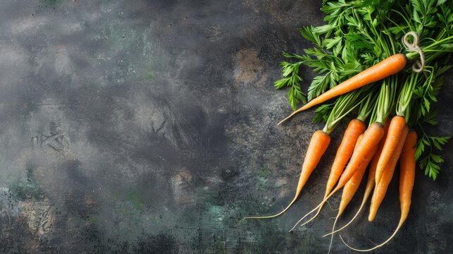 Fresh organic carrots with green tops on rustic background