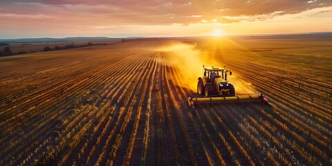 Wall Mural - A yellow tractor harvesting crops in a vast field at sunset. Concept Landscape Photography, Agriculture, Sunset, Farm Life, Rural Scene