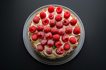 Wall Mural - Homemade cake with fresh raspberries and cream on a black background