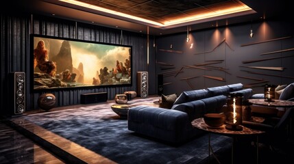 Sticker - Luxurious and comfortable living room with a large projector screen showing underwater natural images.