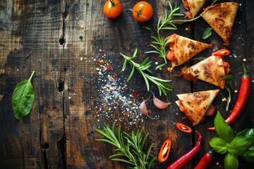 Wall Mural - Delicious homemade quesadillas with fresh vegetables on rustic wood