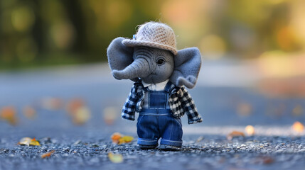 Wall Mural - An adorable tiny elephant sporting a classic fedora. checkered cardigan. and blue overalls is standing on the pavement. full body shot 