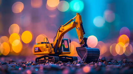 an excavator standing in front of colorful big bokeh. shallow depth of field. beautiful lighting. wide shot 