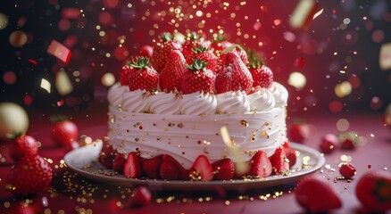 Wall Mural - Delicious Strawberry Cake With Golden Confetti Falling