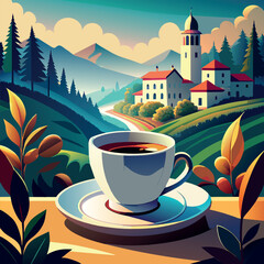 Sticker - A cup of coffee is sitting on a white plate in front of a mountain. The scene is peaceful and serene, with the coffee cup being the focal point of the image