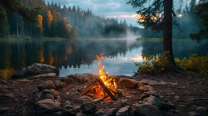 Wall Mural - A tranquil campfire burns brightly in the forest by a lake at twilight with mist and trees