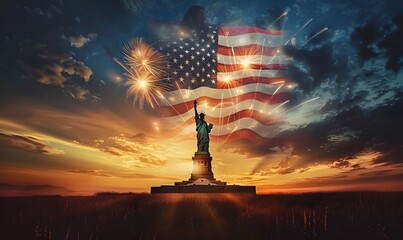 Statue of liberty with fireworks American flag background at sunset, USA independence day patriotic national pride freedom concept
