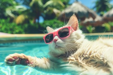 Wall Mural - Relaxed cat enjoying a sunny pool day in pink sunglasses