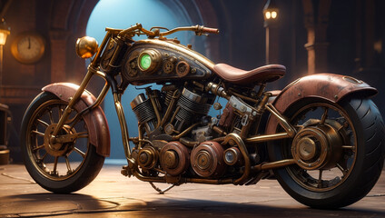 Wall Mural - A custom motorcycle in an authentic creative workshop. Motorcycle in vintage steampunk style