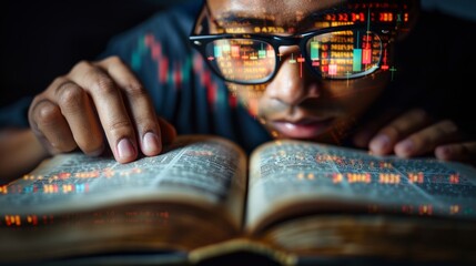 Financial literacy fusion  young man engrossed in book overlaid with stock market graphs