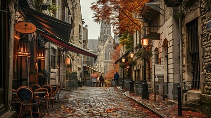 Vintage European Street in Autumn: A quaint European street lined with vintage stone buildings and cafes, set in autumn. 