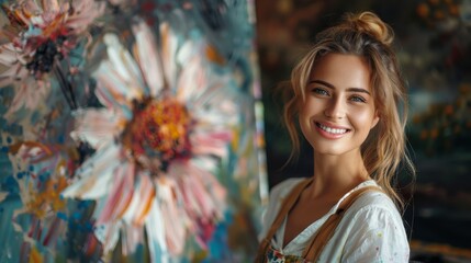 A young female artist stands next to a vibrant floral painting in a well-lit creative studio