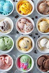 Wall Mural - A top-down view of various ice cream flavors in small bowls
