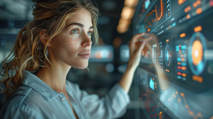 Fototapete - A digital marketing strategist in a chic, modern agency. The strategist is engaged with an interactive wall display showing consumer trends and digital campaign metrics. Generative AI.