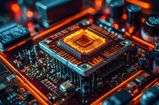 A circuit board with a processor, viewed through a transparent surface with neon lights illuminating the details Generative AI image.

