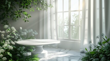 White round table in front of white curtains and green plants. Bright light from the window, minimalist design, copy space for text.
