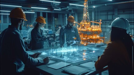 Fototapete - A group of professionals in a dimly lit modern office space gathered around a bright holographic projection of an oil rig. Generative AI.