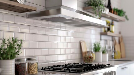 Wall Mural - Elegant kitchen interior with modern range hood over cooktop and stylish furniture