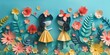 © QuietWord - papercraft cartoon illustration, two girls play together in flower blossom field nature landscape, happy spring summer outdoor scenery