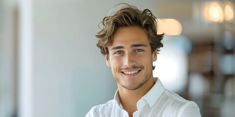 Wall Mural - Young man in white shirt smiling and making eye contact with camera. Concept Portrait Photography, Smiling Expression, Eye Contact, White Shirt, Young Man