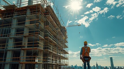Poster - A excitement and anticipation among the construction workers as they labor away on the building under construction. Generative AI.