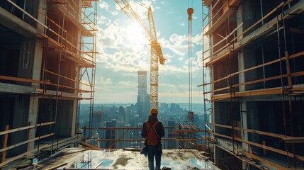 Poster - A excitement and anticipation among the construction workers as they labor away on the building under construction. Generative AI.